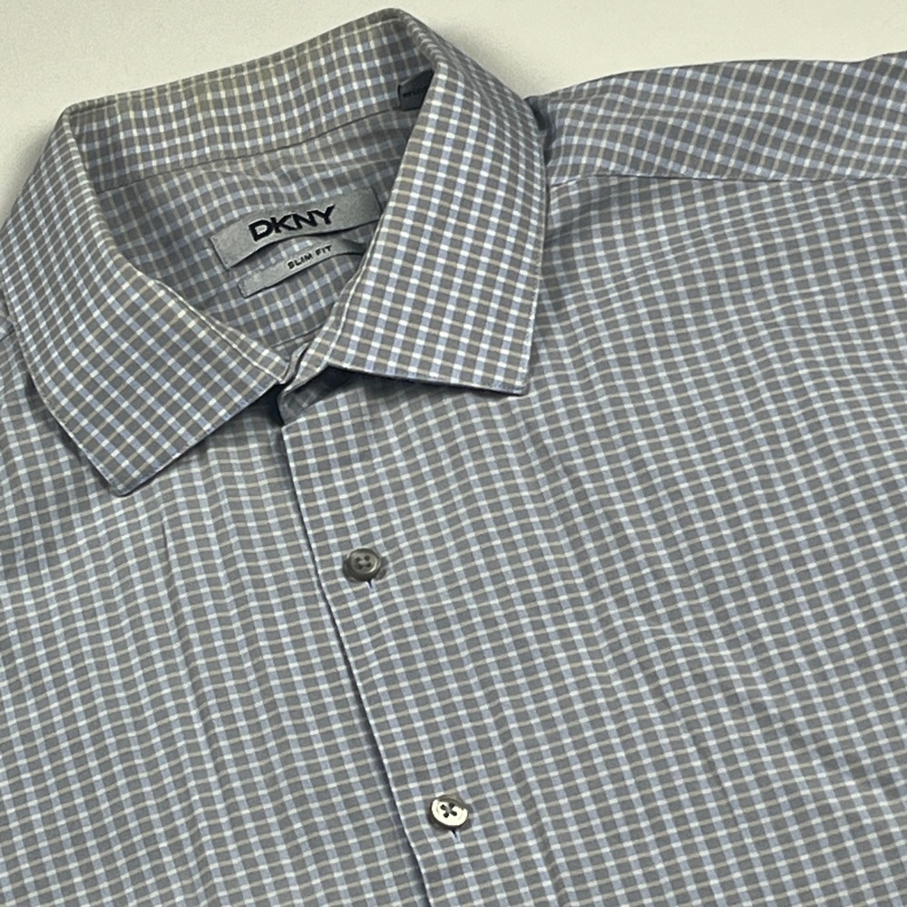 DKNY Slim Fit Dress Shirt Mens 17 32/33 Blue Tan Micro Check Button Down Top